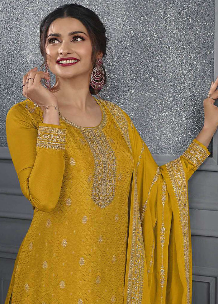 3 Pc Yellow Semi Stitched Silk Suit Set