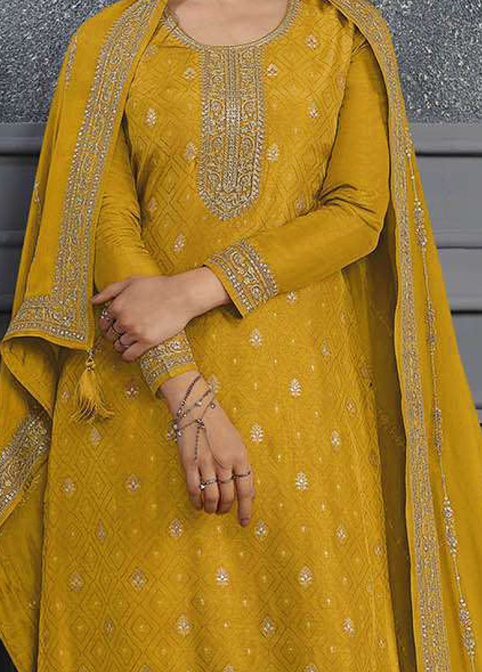 3 Pc Yellow Semi Stitched Silk Suit Set