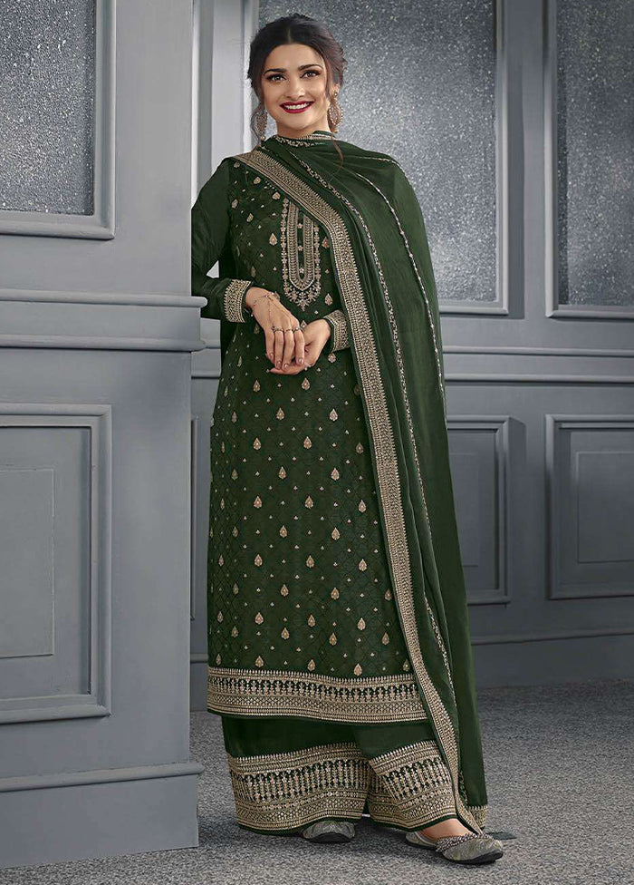 3 Pc Green Semi Stitched Silk Suit Set