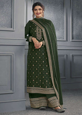 3 Pc Green Semi Stitched Silk Suit Set