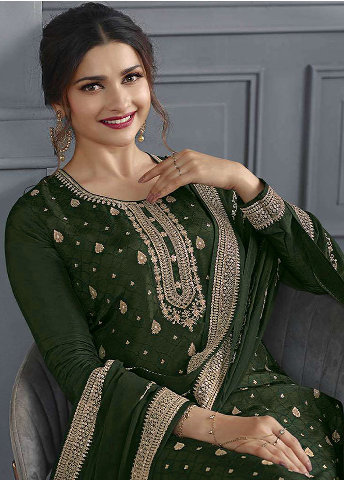 3 Pc Green Semi Stitched Silk Suit Set