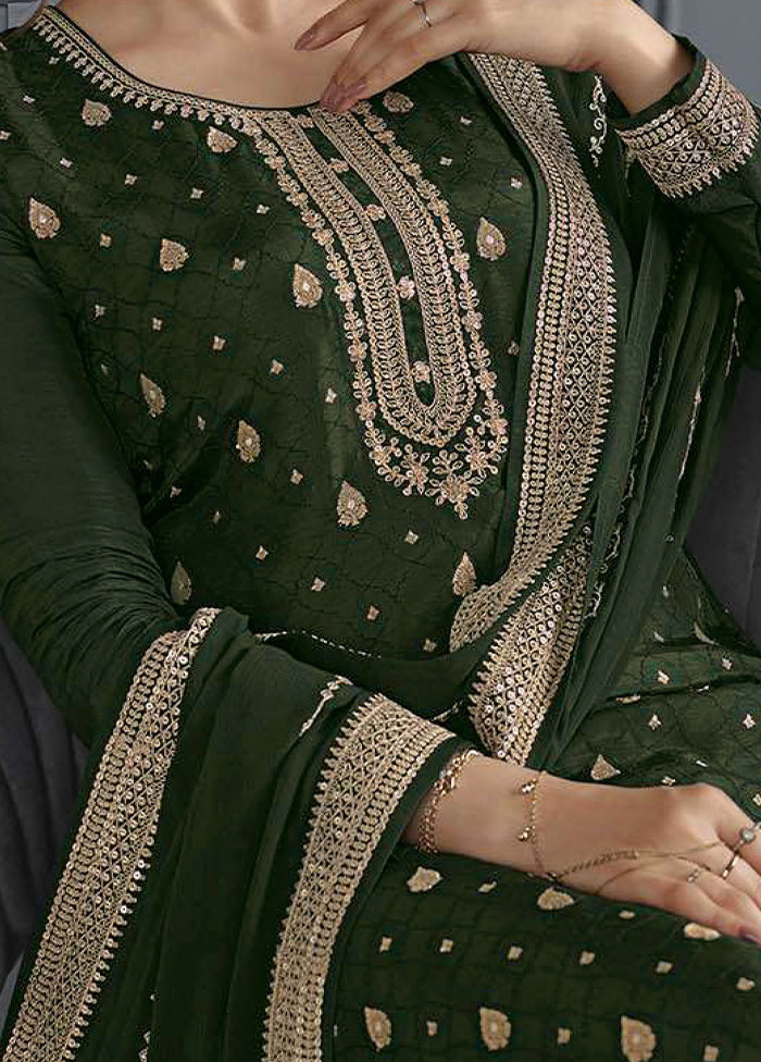 3 Pc Green Semi Stitched Silk Suit Set