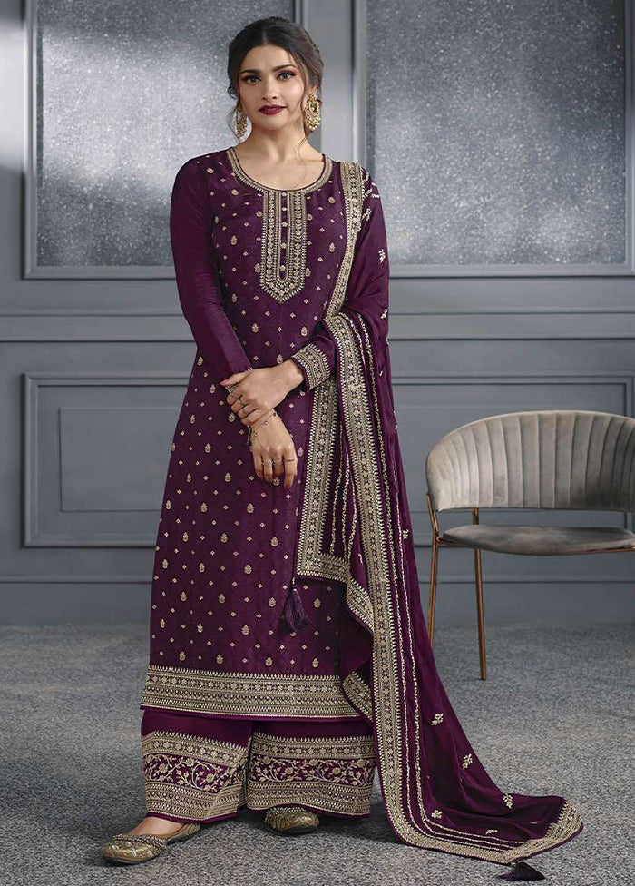 3 Pc Purple Semi Stitched Silk Suit Set