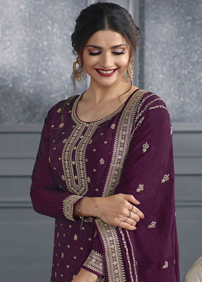 3 Pc Purple Semi Stitched Silk Suit Set