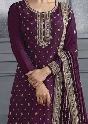 3 Pc Purple Semi Stitched Silk Suit Set