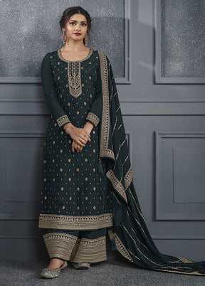 3 Pc Grey Semi Stitched Silk Suit Set