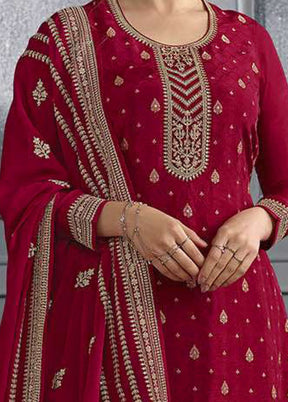 3 Pc Red Semi Stitched Silk Suit Set