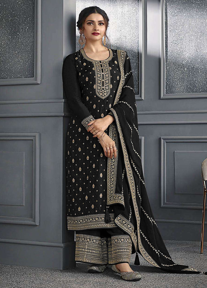 3 Pc Black Semi Stitched Silk Suit Set