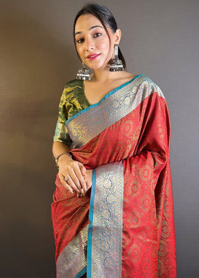 Red Dupion Silk Saree With Blouse Piece