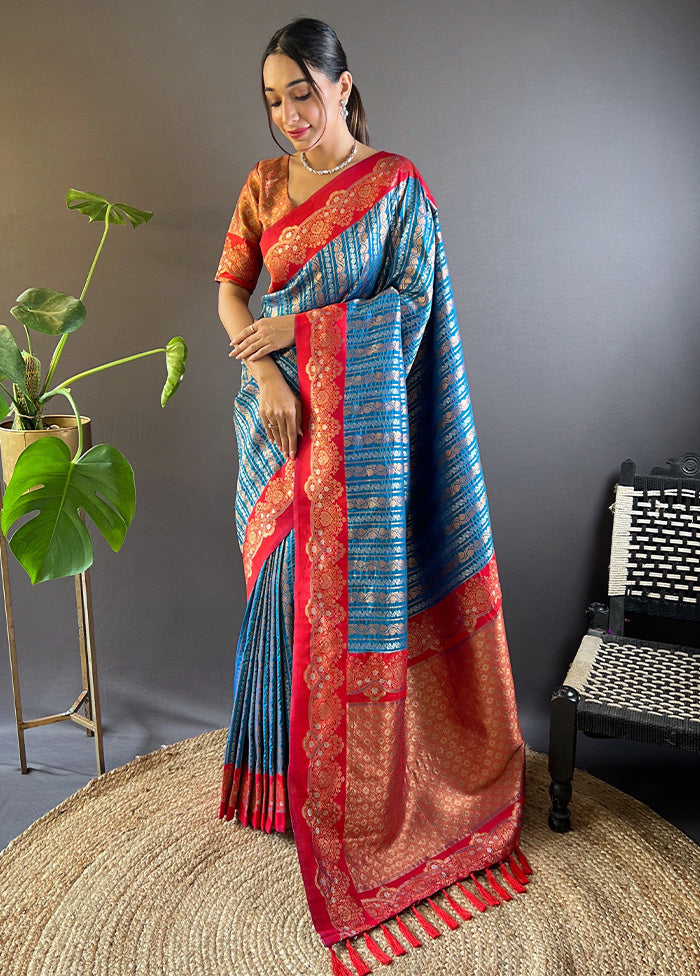 Blue Dupion Silk Saree With Blouse Piece