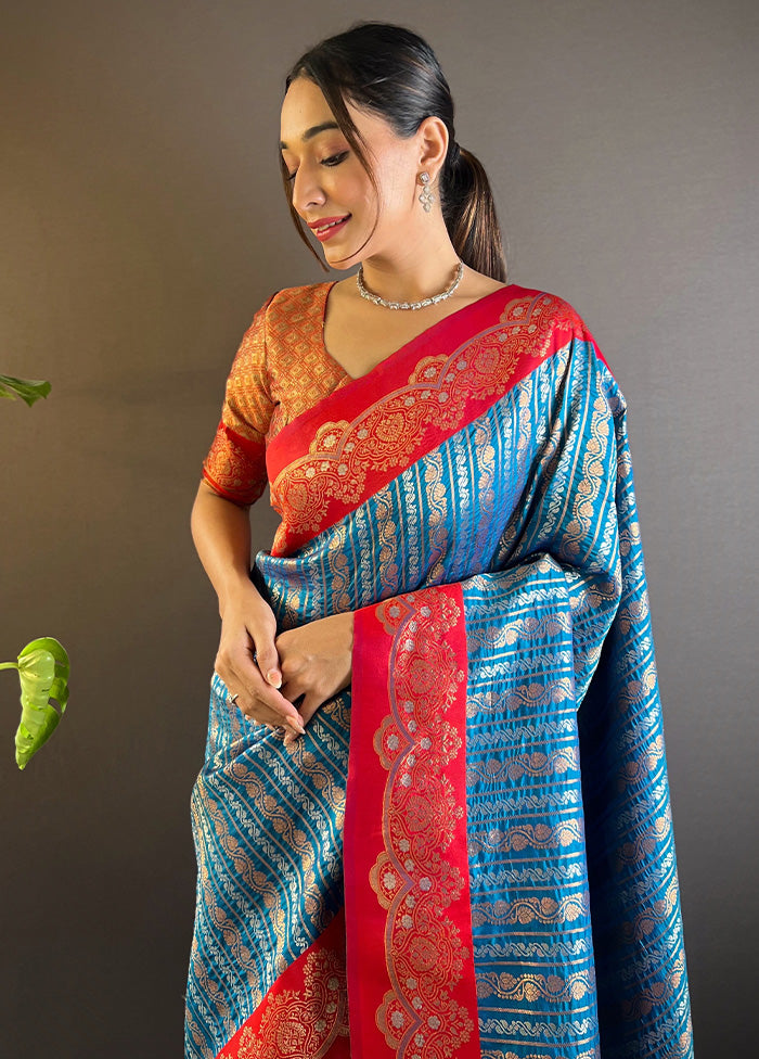 Blue Dupion Silk Saree With Blouse Piece