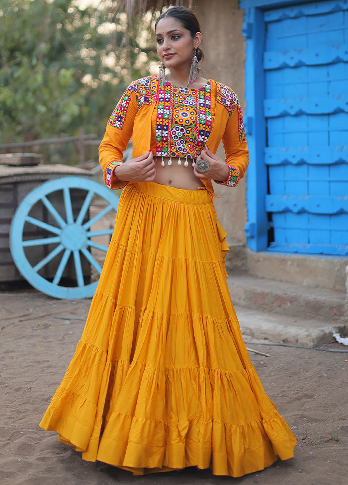 3 Pc Yellow Rayon Semi Stitched Lehenga Set