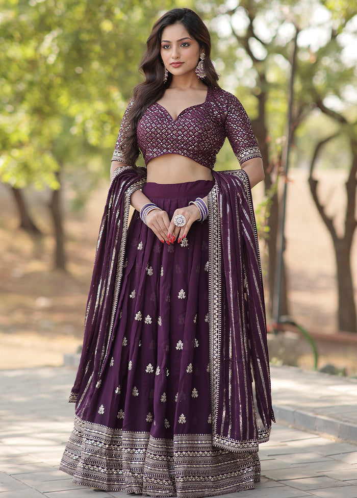 3 Pc Purple Georgette Semi Stitched Lehenga Set