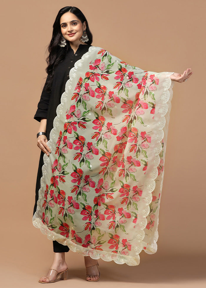 Cream Organza Embroidered Work Dupatta