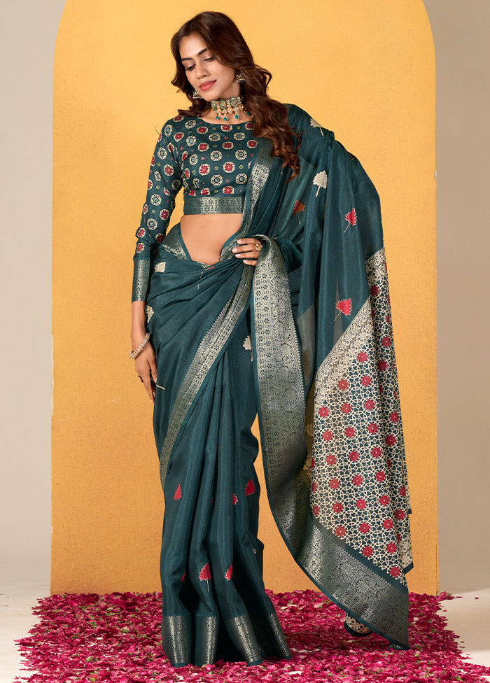 Teal Blue Dupion Silk Saree With Blouse Piece