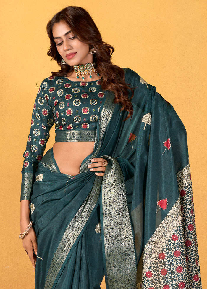 Teal Blue Dupion Silk Saree With Blouse Piece