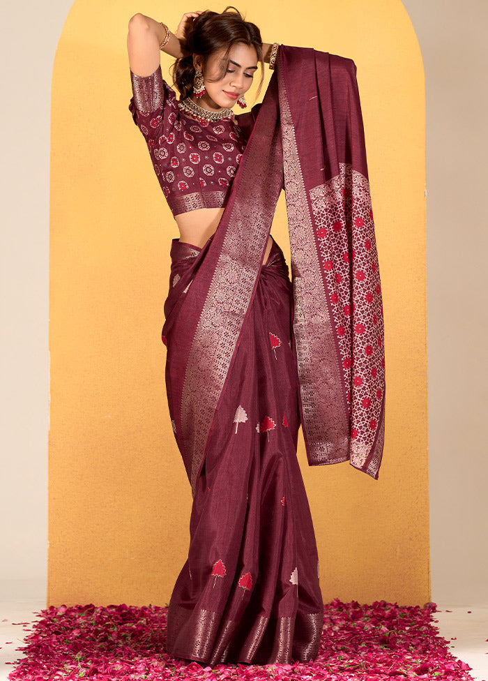 Wine Dupion Silk Saree With Blouse Piece