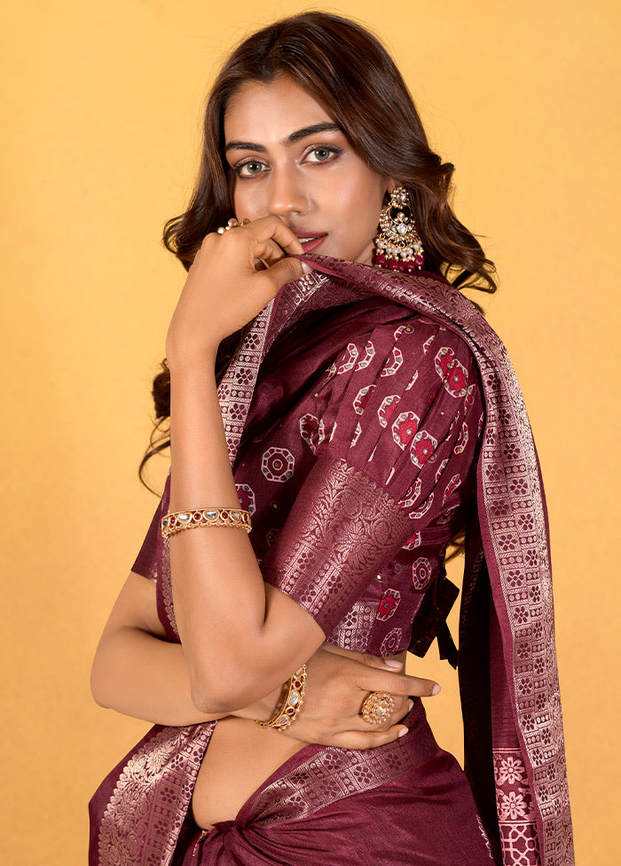 Wine Dupion Silk Saree With Blouse Piece