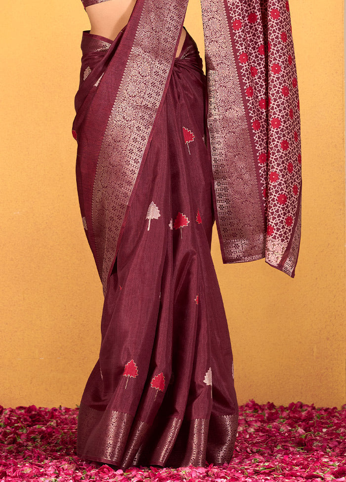 Wine Dupion Silk Saree With Blouse Piece