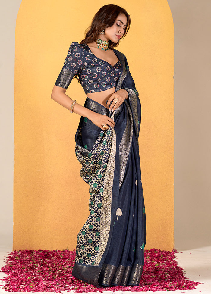 Blue Dupion Silk Saree With Blouse Piece