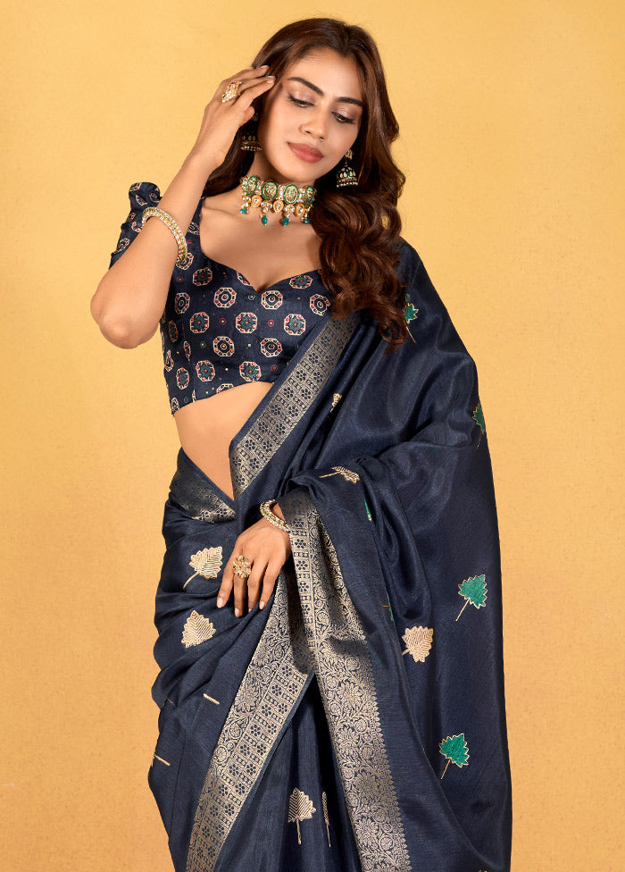 Blue Dupion Silk Saree With Blouse Piece