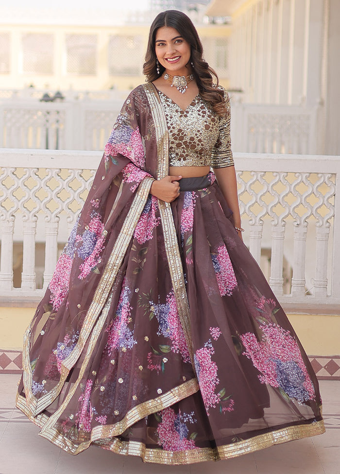 3 Pc Coffee Silk Semi Stitched Lehenga Set