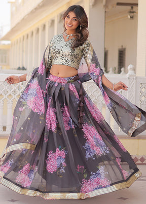 3 Pc Grey Silk Semi Stitched Lehenga Set