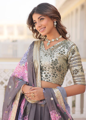 3 Pc Grey Silk Semi Stitched Lehenga Set