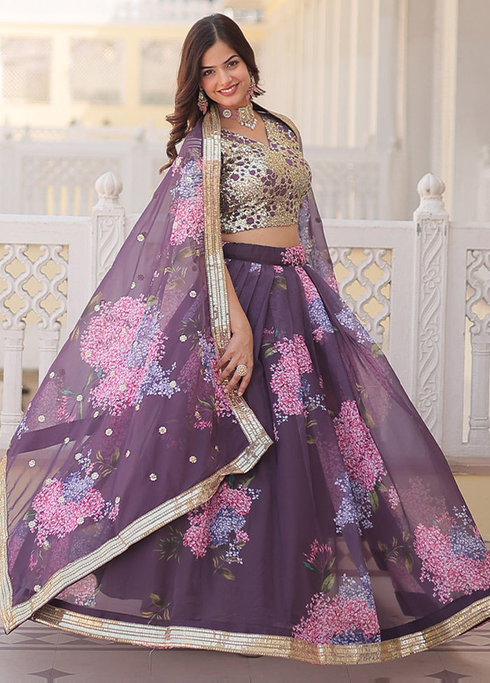 3 Pc Purple Silk Semi Stitched Lehenga Set