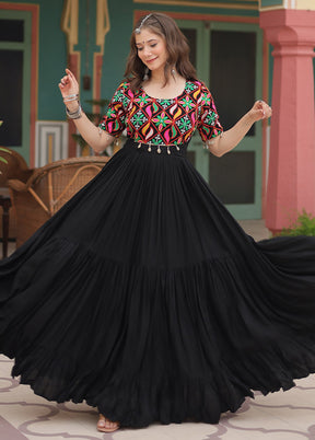 Black Readymade Rayon Long Indian Dress