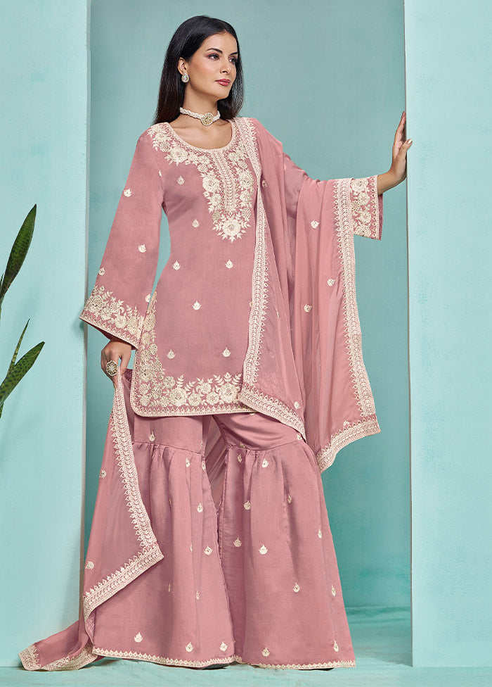 3 Pc Pink Semi Stitched Silk Suit Set