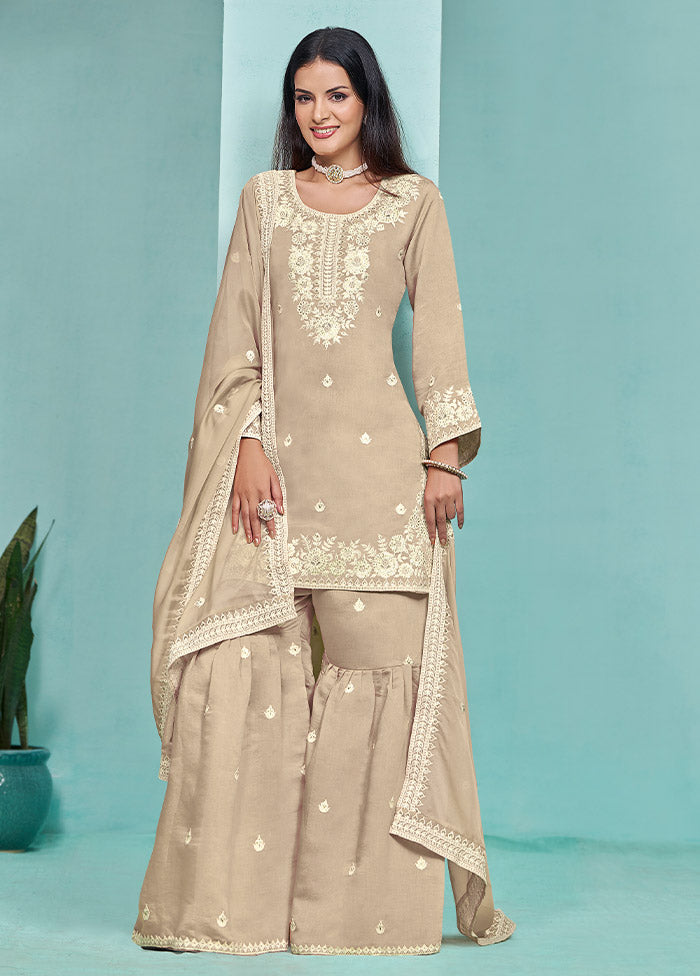 3 Pc Beige Semi Stitched Silk Suit Set