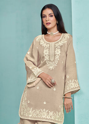 3 Pc Beige Semi Stitched Silk Suit Set