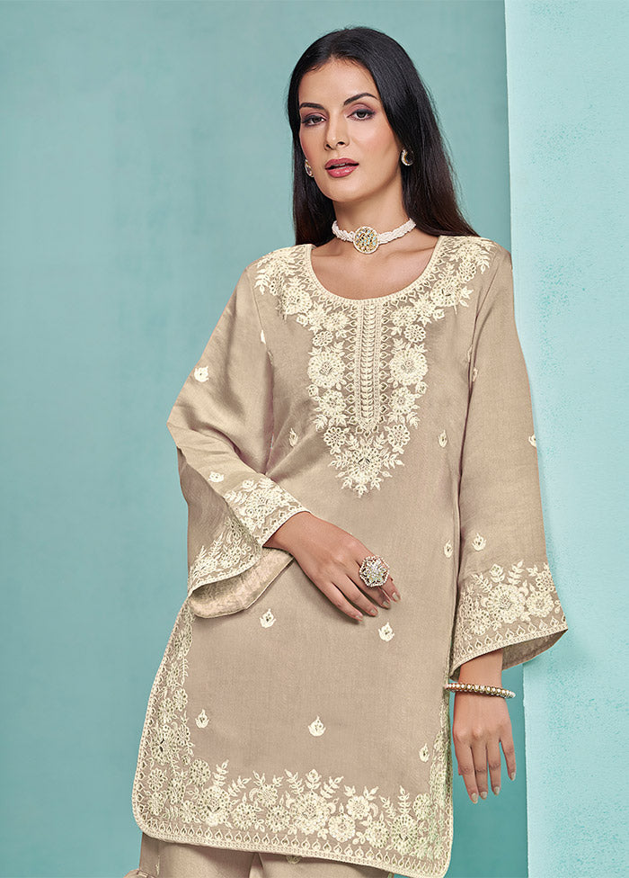 3 Pc Beige Semi Stitched Silk Suit Set