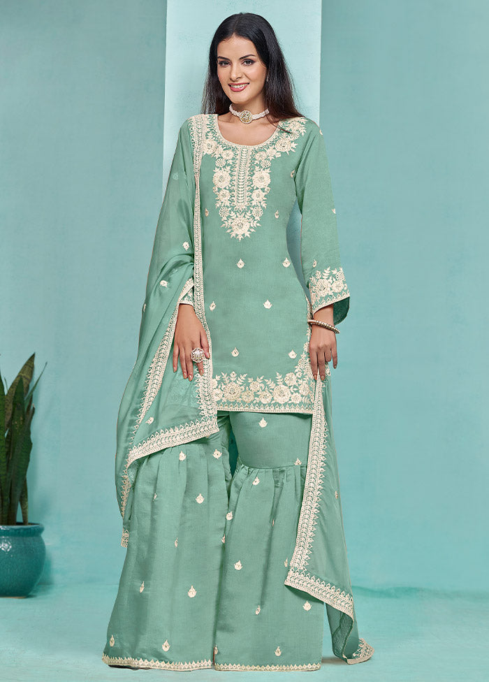 3 Pc Green Semi Stitched Silk Suit Set