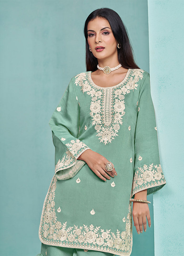 3 Pc Green Semi Stitched Silk Suit Set