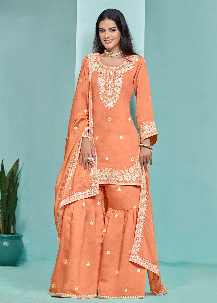 3 Pc Orange Semi Stitched Silk Suit Set