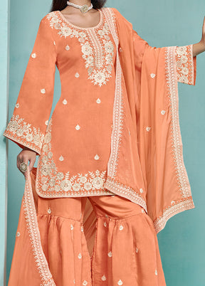 3 Pc Orange Semi Stitched Silk Suit Set