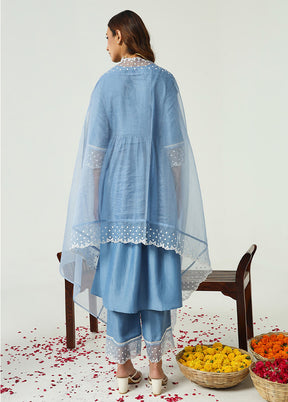 3 Pc Blue Readymade Silk Suit Set