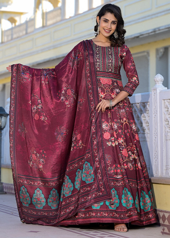 Burgundy Readymade Silk Indian Dress