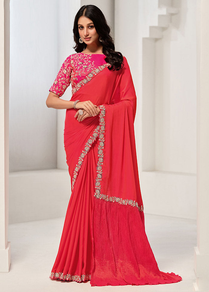 Red Crepe Silk Saree With Blouse Piece