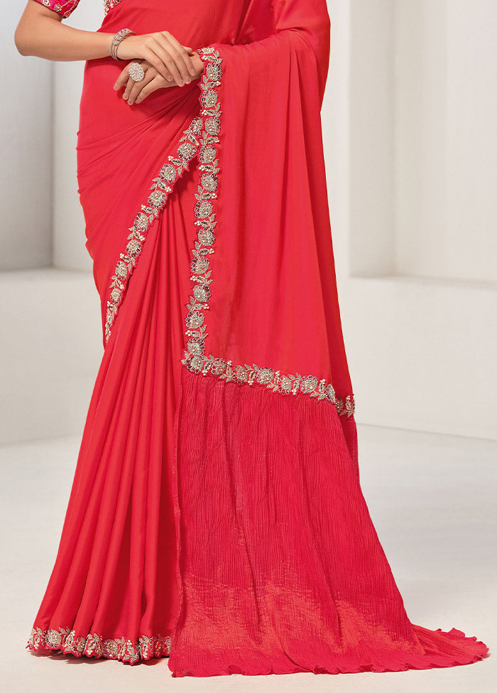 Red Crepe Silk Saree With Blouse Piece