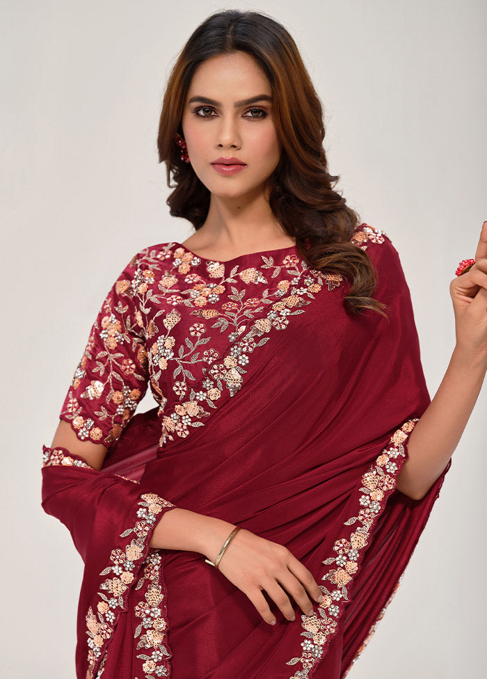 Maroon Georgette Saree With Blouse Piece