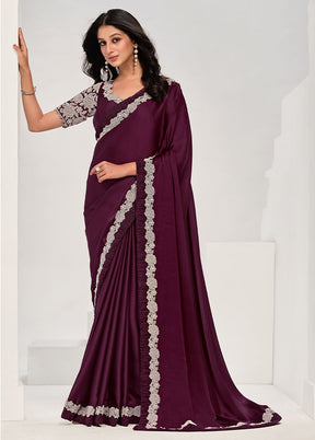 Wine Crepe Silk Saree With Blouse Piece