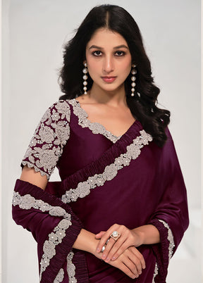 Wine Crepe Silk Saree With Blouse Piece