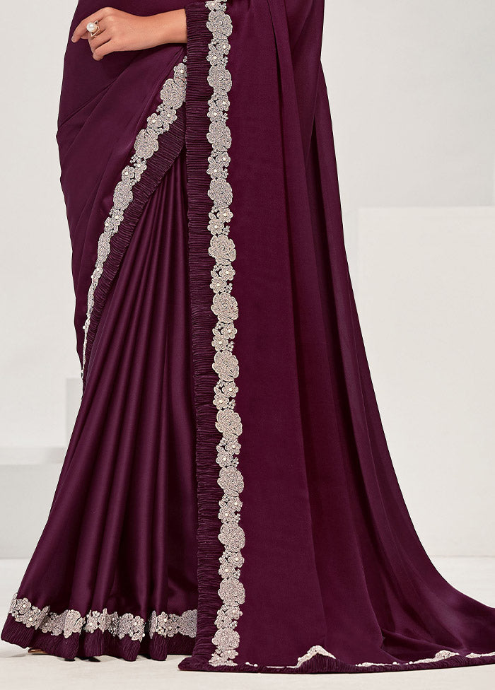 Wine Crepe Silk Saree With Blouse Piece