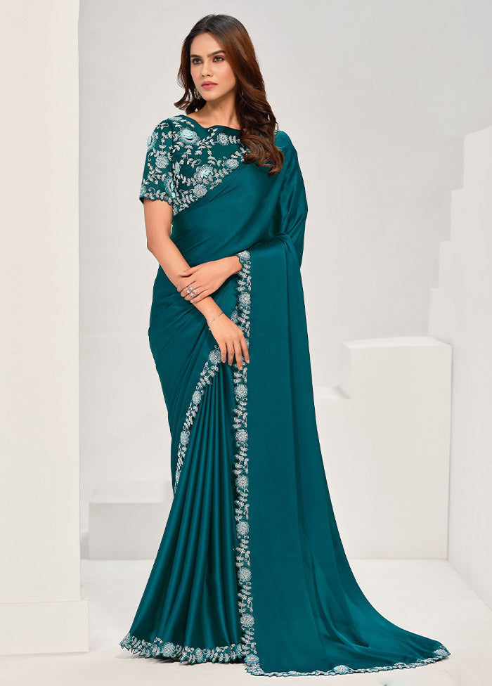 Teal Crepe Silk Saree With Blouse Piece