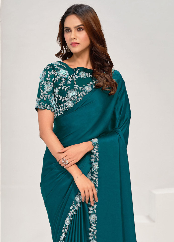 Teal Crepe Silk Saree With Blouse Piece