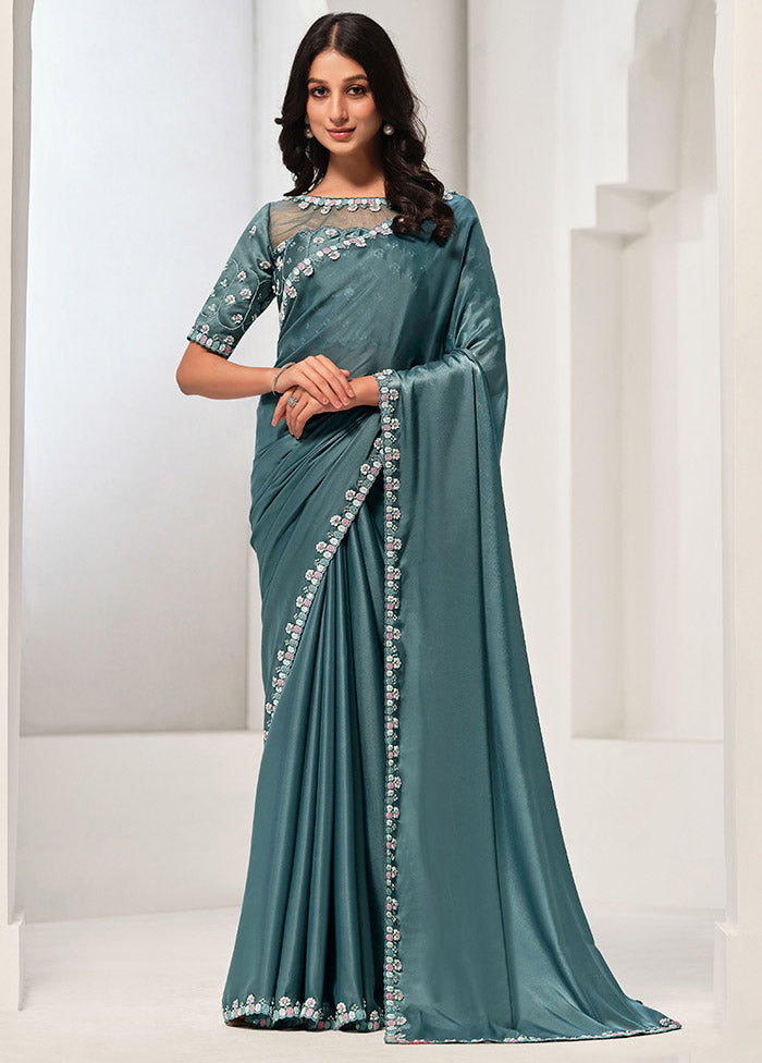 Sea Green Crepe Silk Saree With Blouse Piece