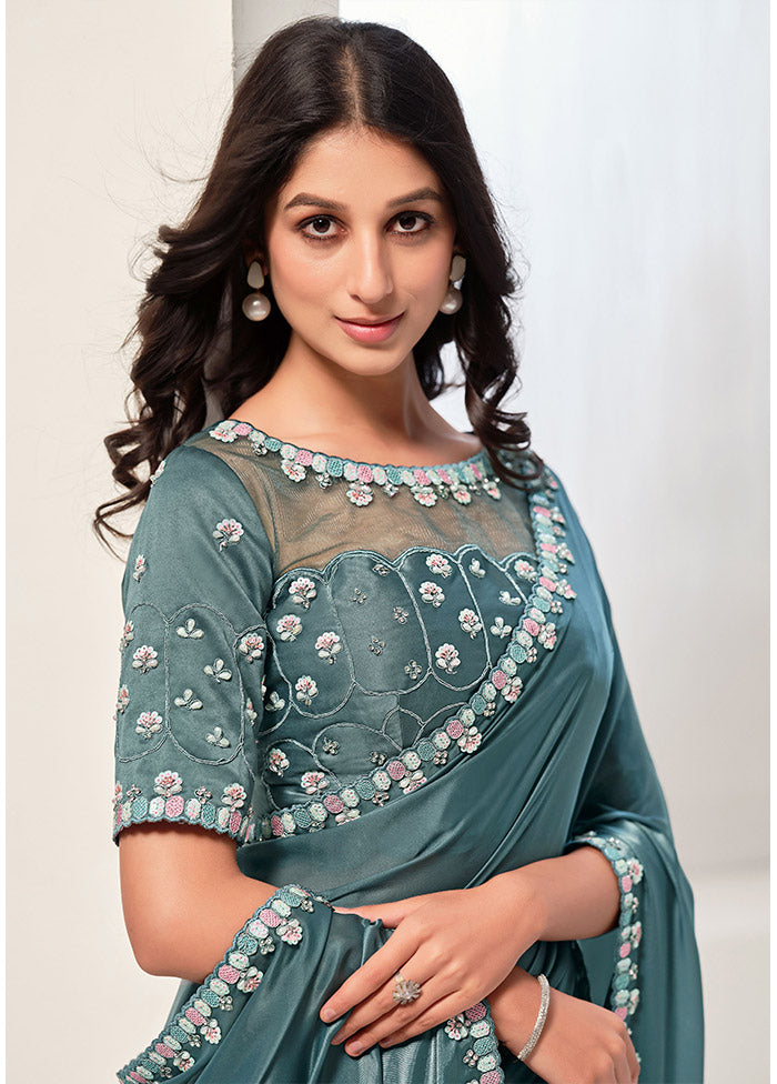 Sea Green Crepe Silk Saree With Blouse Piece